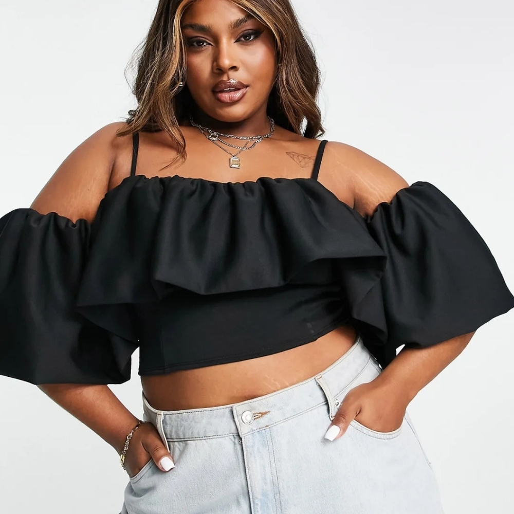 ASOS DESIGN Curve scuba off-shoulder top w exaggerated sleeve, Black, 14